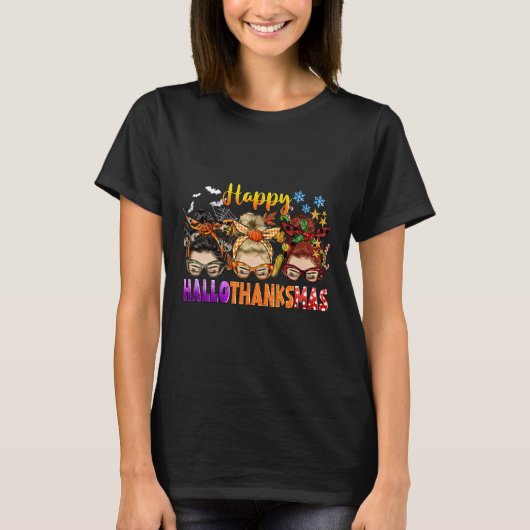 Messy Bun Halloween To Christmas Women Happy Hallo Tシャツ (正面)