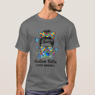 Messy Bun Proud Autism Sister Ribbon Puzzle Floral Tシャツ