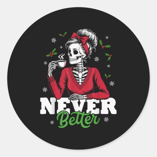 Messy Bun Skeleton Santa Coffee Xmas Funny Women S ラウンドシール (正面)