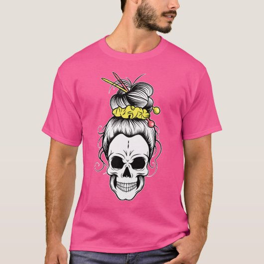 Messy Bun Skull Shirt Women'S Grandma Knitting Hal Tシャツ (正面)
