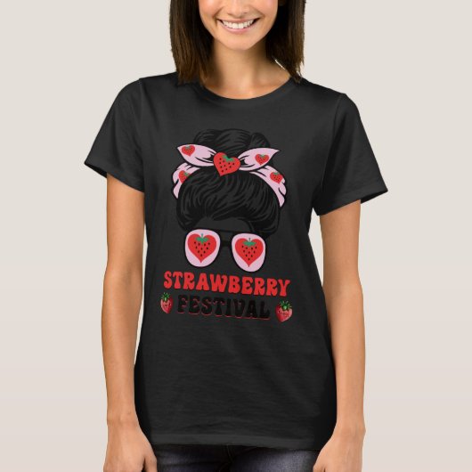Messy Bun Strawberry Festival Fruit Mom Girl 1 Tシャツ (正面)