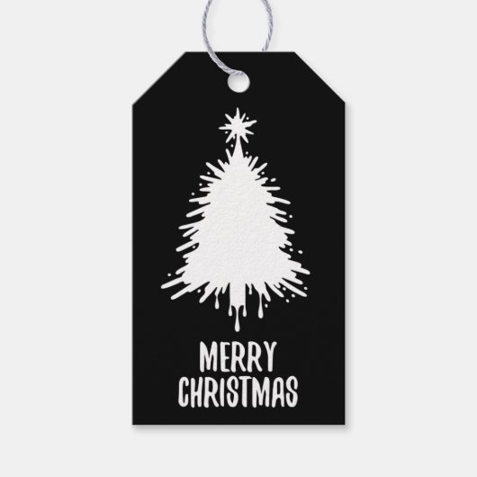 Messy & Grungy Black & White Merry Christmas Tree ギフトタグ (正面)