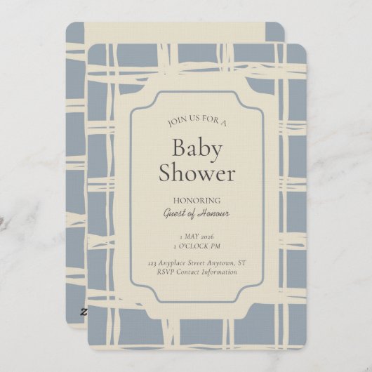 Messy Plaid Geometric Gender Neutral Blue Beige 招待状 (正面/裏面)