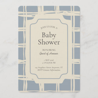 Messy Plaid Geometric Gender Neutral Blue Beige 招待状