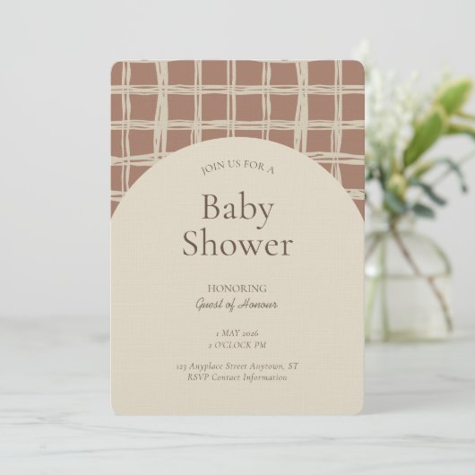 Messy Plaid Geometric Gender Neutral Brown Beige 招待状 (スタンド正面)