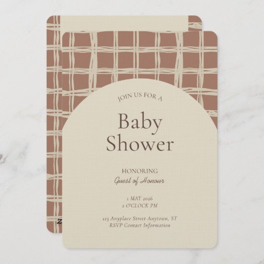 Messy Plaid Geometric Gender Neutral Brown Beige 招待状 (正面/裏面)