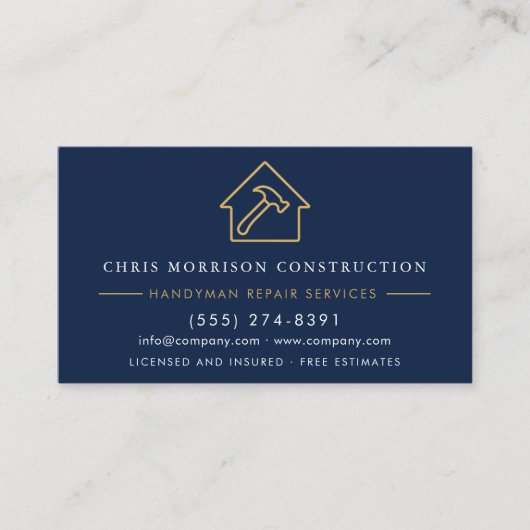 Metal Handyman Construction Navy Blue Gold QR Code 名刺 (正面)