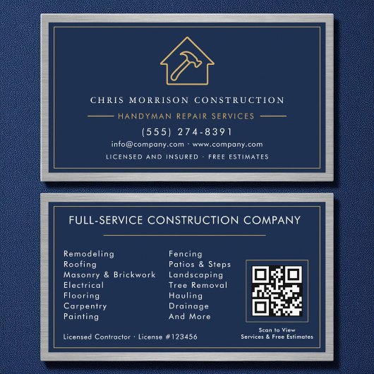 Metal Handyman Navy Blue Gold QR Code  名刺