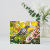 Metal Hummingbird in Flight on flower ポストカード (スタンド正面)