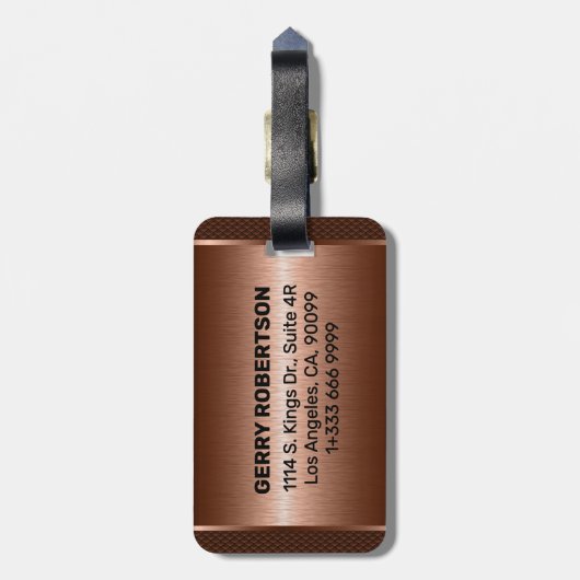 Metallic copper texture personalized black text ラゲッジタグ (裏面縦)
