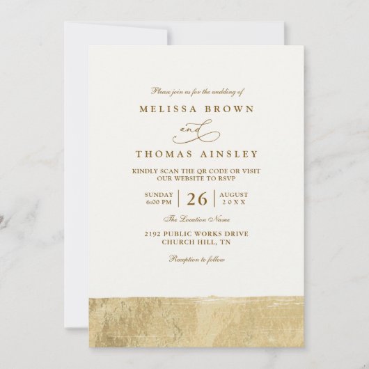 Metallic Dipped Gold Minimalist QR Code Wedding 招待状 (正面)