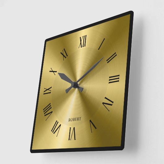 Metallic Gold & Black Border Roman Numerals  スクエア壁時計 (傾斜)