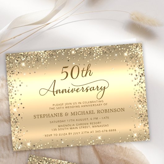  Metallic Gold Glitter 50th Wedding Anniversary 招待状