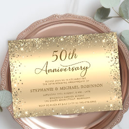 Metallic Gold Glitter 50th Wedding Anniversary 招待状