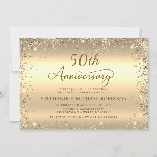  Metallic Gold Glitter 50th Wedding Anniversary 招待状 (正面)