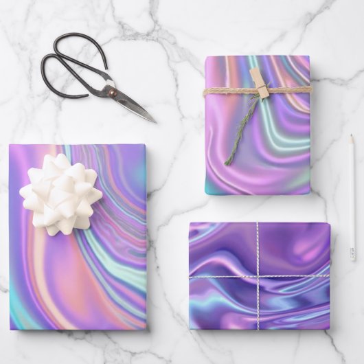 Metallic Iridescent Rainbow Pink Aqua Purple ラッピングペーパーシート (正面)
