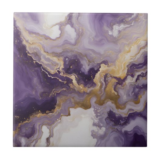 Metallic Liquid Art Purple & Gold Marble Agate タイル (正面)