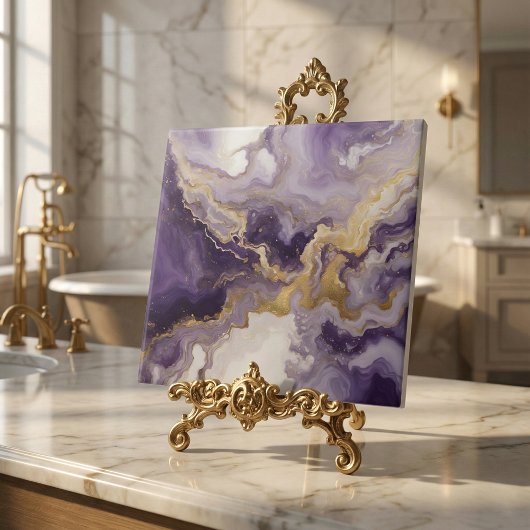 Metallic Liquid Art Purple & Gold Marble Agate タイル