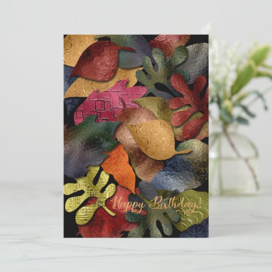 Metallic Look Fall Leaves Happy Birthday カード (スタンド正面)