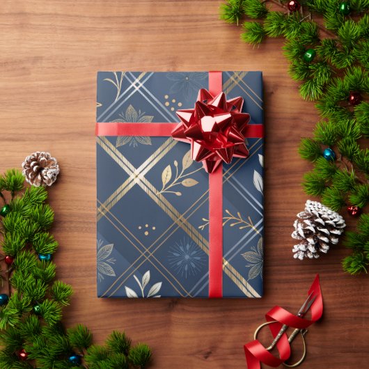 Metallic Luxe Navy Plaid Christmas Wrapping Paper ラッピングペーパー (クリスマスギフト)