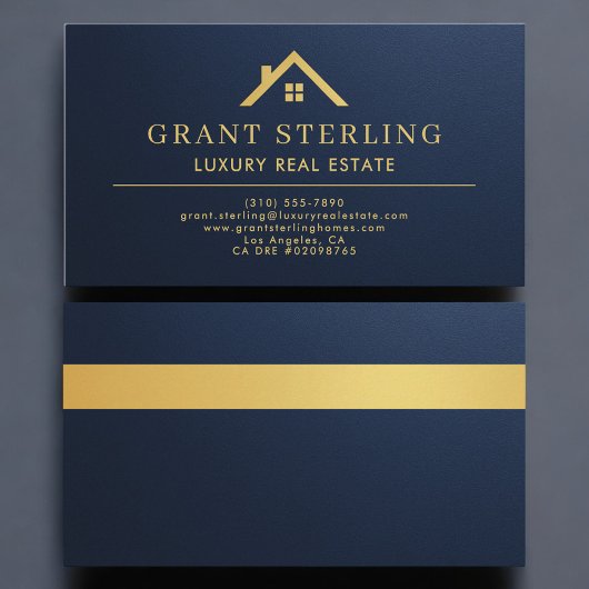 Metallic Luxury Real Estate Agent Navy Blue Gold 名刺