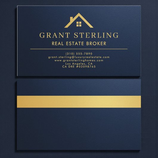 Metallic Navy Blue Gold House Real Estate Broker  名刺