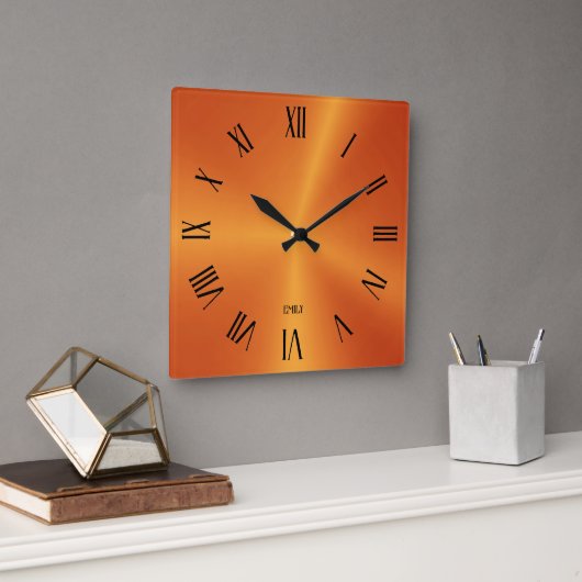 Metallic Orange Background Roman Numerals スクエア壁時計 (オフィス)