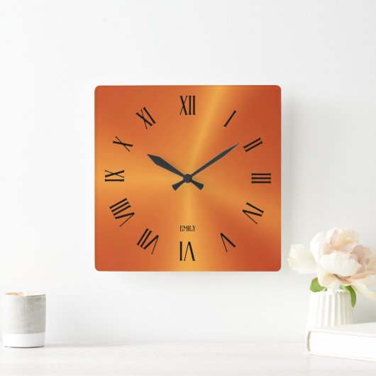 Metallic Orange Background Roman Numerals スクエア壁時計 (ホーム)