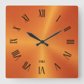Metallic Orange Background Roman Numerals スクエア壁時計 (正面)