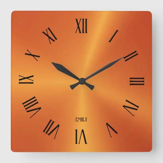Metallic Orange Background Roman Numerals スクエア壁時計 (正面)