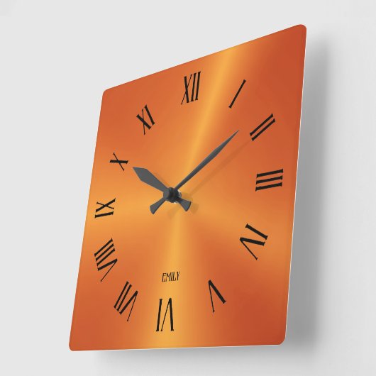 Metallic Orange Background Roman Numerals スクエア壁時計 (傾斜)