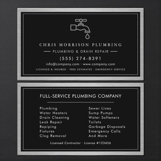 Metallic Plumbing Services Plumber Black Silver  名刺