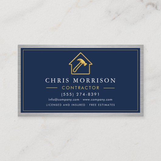 Metallic QR Code Building Construction Navy Blue 名刺 (正面)