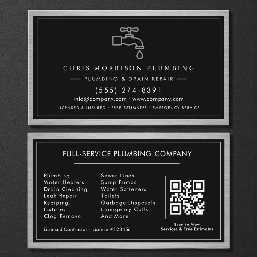 Metallic QR Code Plumbing Services Black Silver  名刺