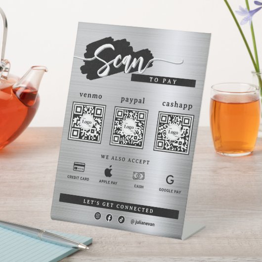 Metallic Silver 3 Qr Code Scan To Pay Frosted 台座サイン (インサイチュ)