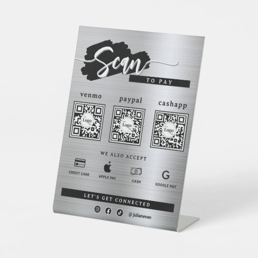 Metallic Silver 3 Qr Code Scan To Pay Frosted 台座サイン (正面)