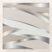 Metallic Silver and Beige Abstract ガラスコースター (正面)