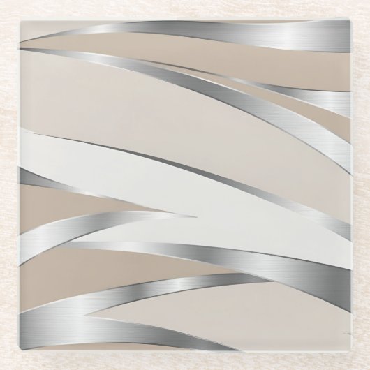 Metallic Silver and Beige Abstract ガラスコースター (正面)
