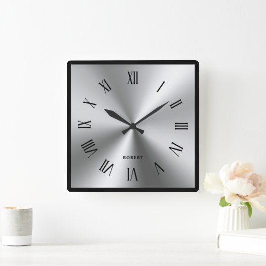 Metallic Silver Gray Black Border Roman Numerals スクエア壁時計 (ホーム)
