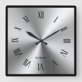 Metallic Silver Gray Black Border Roman Numerals スクエア壁時計 (正面)