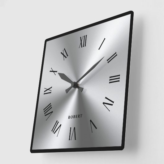 Metallic Silver Gray Black Border Roman Numerals スクエア壁時計 (傾斜)
