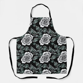 Metallic Silver Roses With Dark Green Leaves エプロン