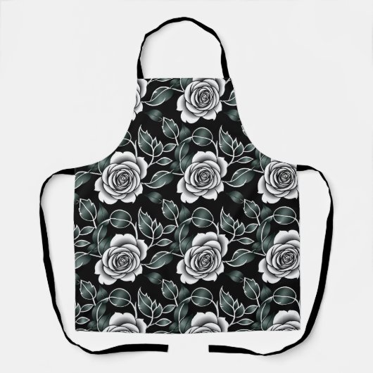 Metallic Silver Roses With Dark Green Leaves エプロン (正面)