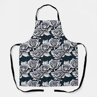 Metallic Silver Roses With Teal Leaves エプロン