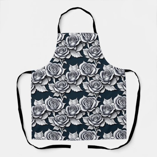 Metallic Silver Roses With Teal Leaves エプロン (正面)