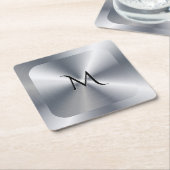 Metallic silver texture personalized monogram スクエアペーパーコースター (アングル)