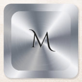 Metallic silver texture personalized monogram スクエアペーパーコースター (正面)