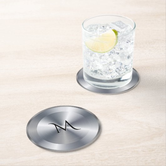 Metallic silver texture personalized monogram ラウンドペーパーコースター (インサイチュ)