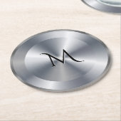 Metallic silver texture personalized monogram ラウンドペーパーコースター (アングル)