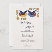 Mexican Birds Floral Blue Yellow Charming Wedding 招待状 (正面)